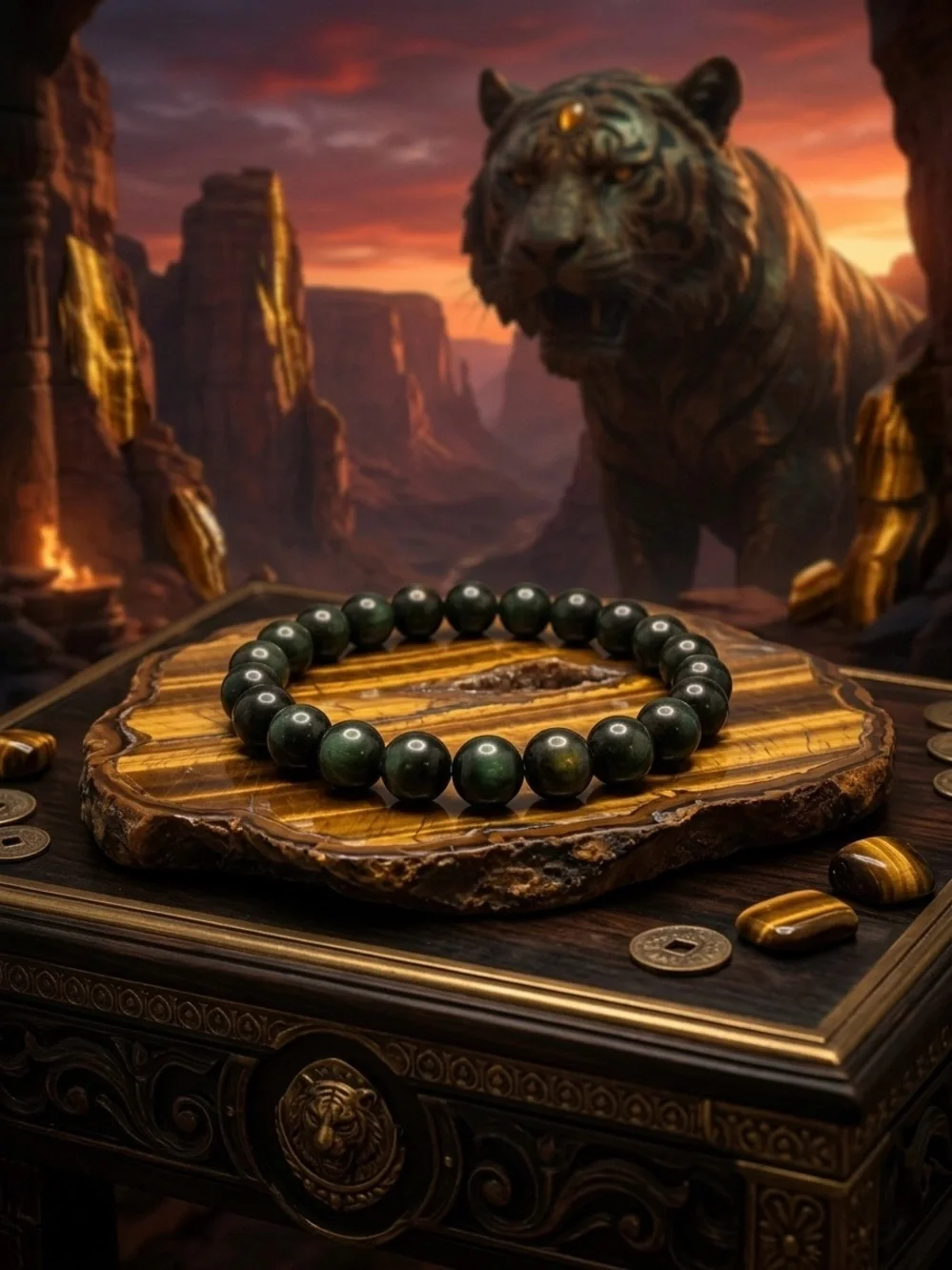 Handcrafted Green Tiger’s Eye Gemstone Bead Bracelet Boho Unisex